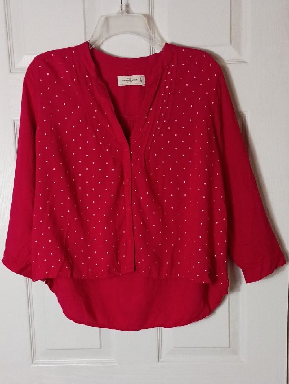 Abercrombie & Fitch Fuchsia Blouse V Neck 3/4 Sleeve Roll Tab Polka Dots Size L